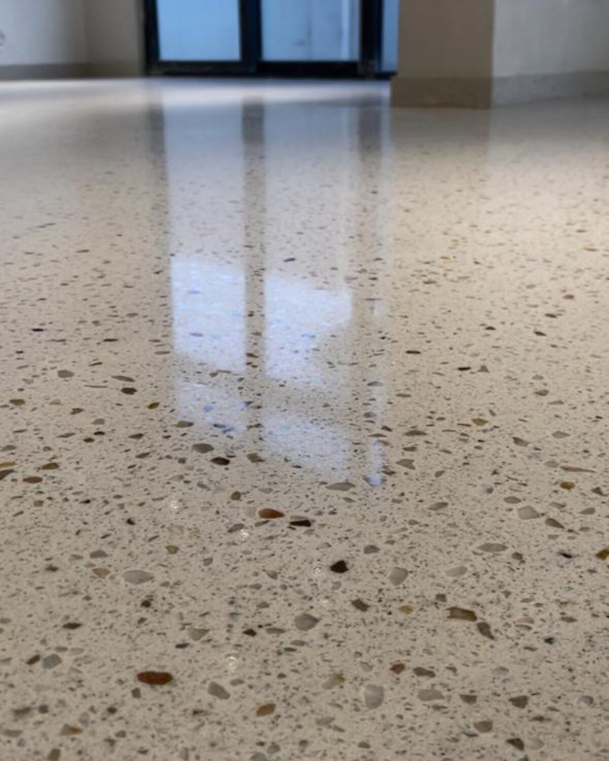 Close view of a polished terrazzo floor surface